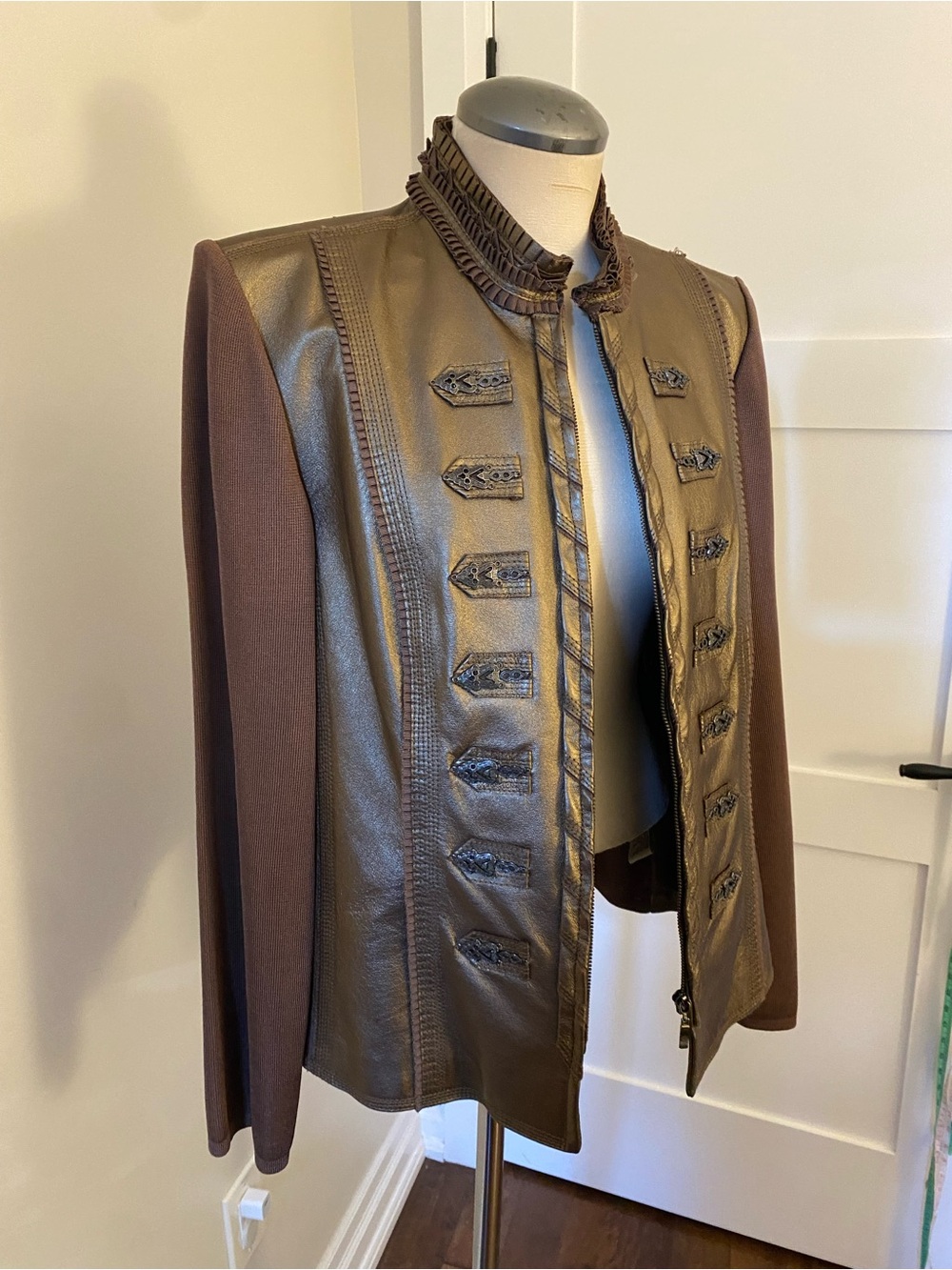 Women's Military-Inspired Brown Leather-Front Field Jacket